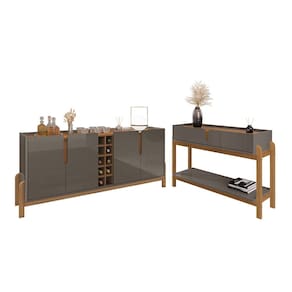 Conjunto Aparador e Buffet 190cm Lizz 04 Portas 02 Gavetas Cinza Pérola Cedro Casa D