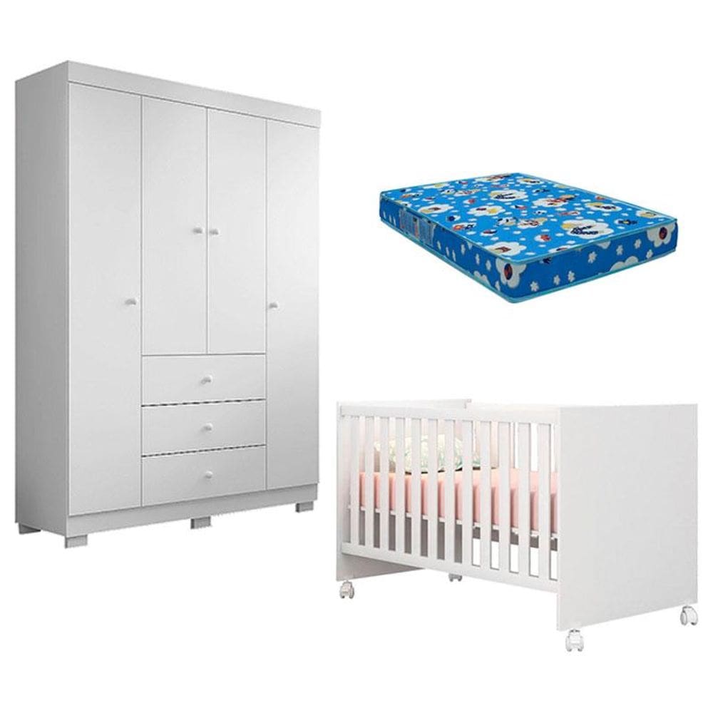 Berço Americano Mini Cama Doce Sonho 100 e Guarda Roupa Infantil Duda 4 Portas Branco Brilho com Colchão Ortobom – Phoenix Baby