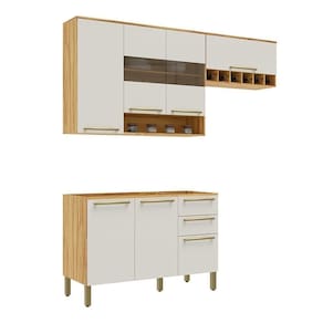 Cozinha Compacta 100% Mdf Com 3 Peças 7 Portas 2 Gavetas Napoli Prime Rio Doce Amendoa-off White