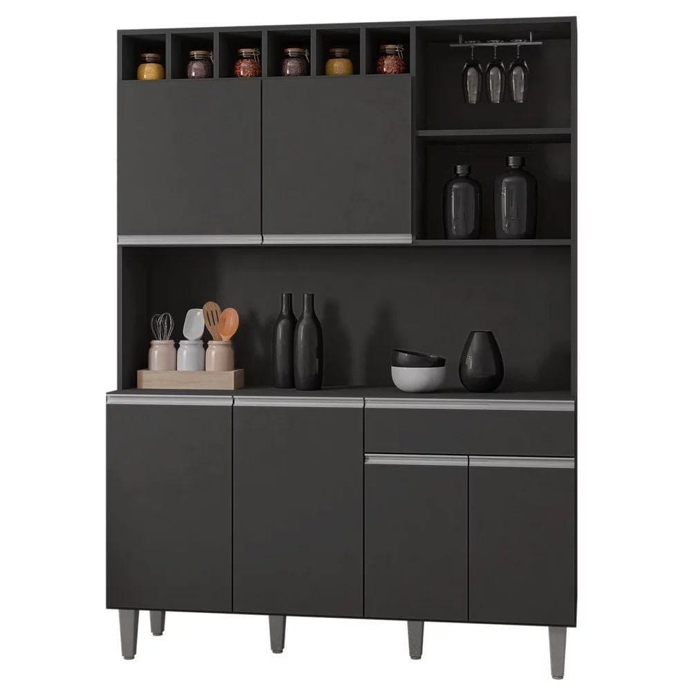 Kit Cozinha Compacta 130cm Com 6 Portas E 1 Gaveta Nicole Cinza Escuro