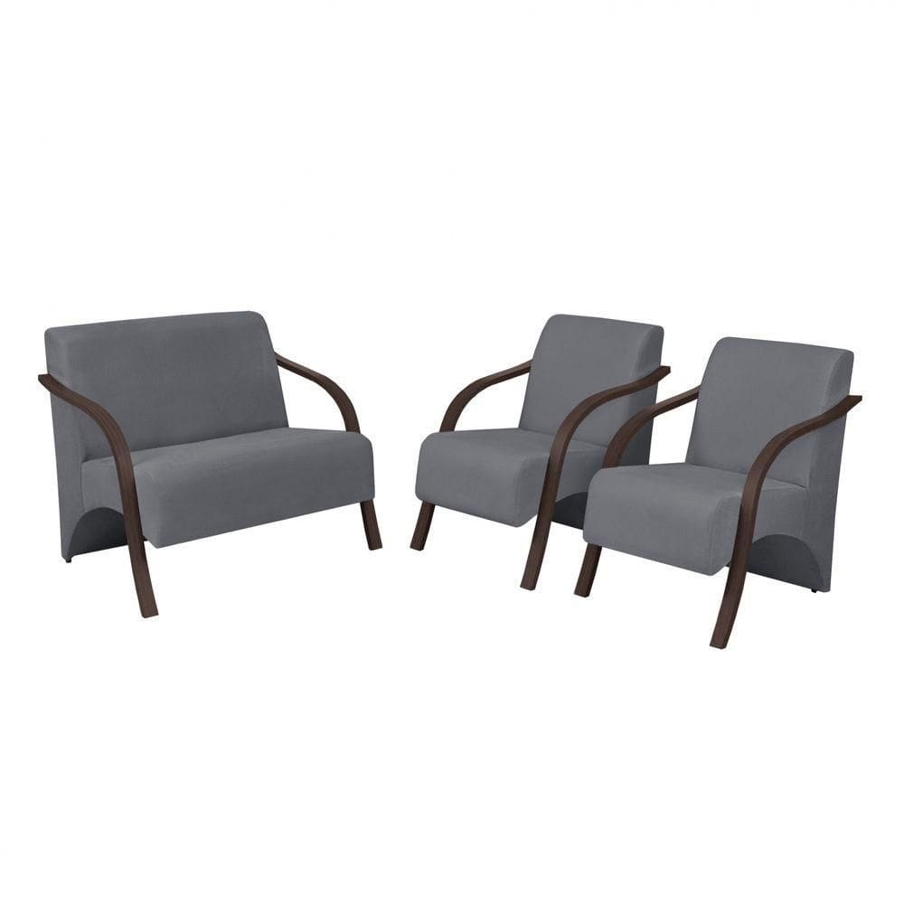 Conj 2 Poltronas De 1 Lugar E 1 De 2 Lugares Braço Madeira Suede