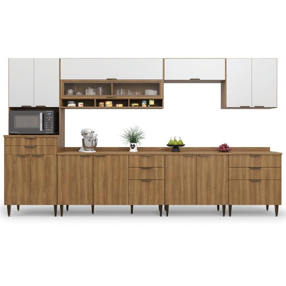 Armário De Cozinha Completa Com Balcão Nicho Para Micro Ondas 13 Portas 8 Gavetas Paris Nogal/branco