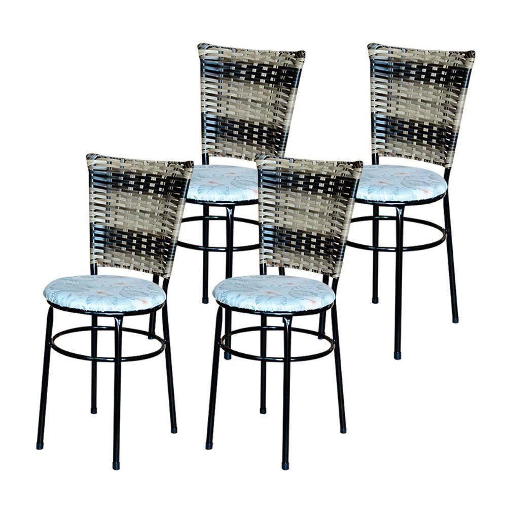 4 Cadeiras Para Mesa Preta Hawai Cappuccino Premium Assento Floral Cor:floral Gelo