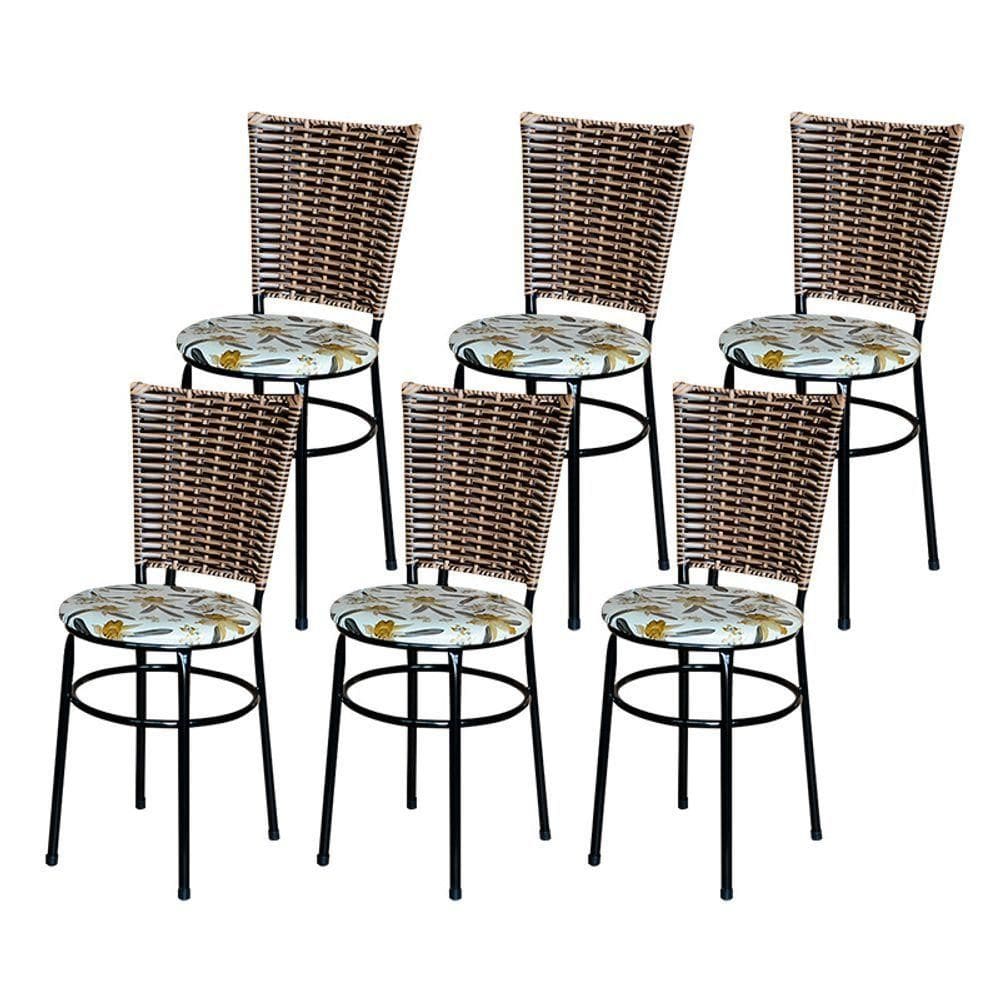 6 Cadeiras Para Mesa Preta Hawai Avelã Assento Floral Cor:floral Orquídea