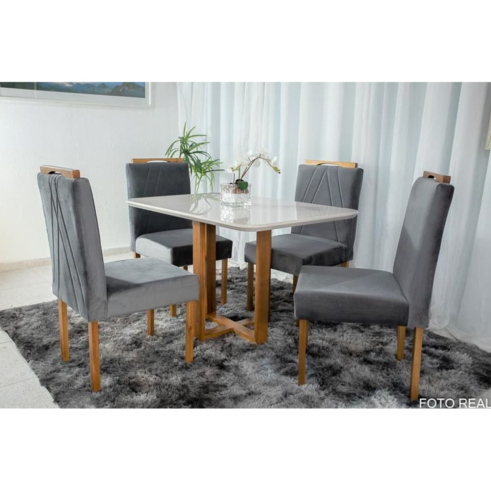 Mesa de Jantar Lisy Tampo MDF e Vidro Off 120X80 com 4 Cadeiras de Madeira Maciça Safira Veludo Cinza