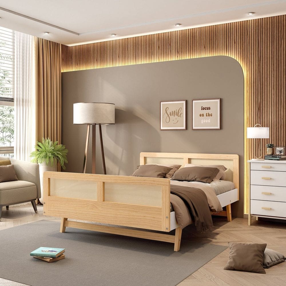 Cama Casal Lift em Madeira Maciça com Rattan Casatema Branco/Natural