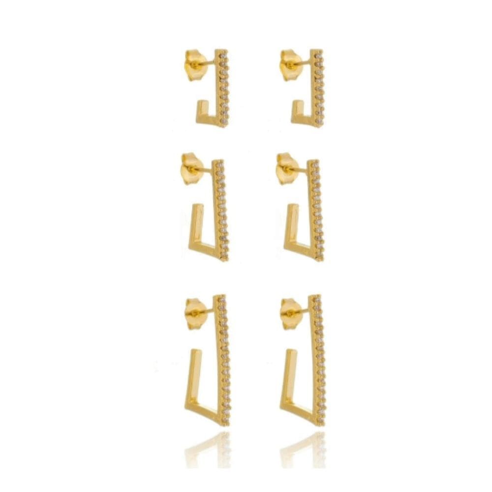 Trio de Brinco Argola J Reta Zircônia Cristal Banhado a Ouro