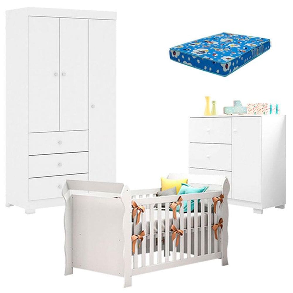 Quarto de Bebê Duda 3 Portas e Berço Americano Lara Branco Brilho com Colchão Ortobom – Phoenix Baby