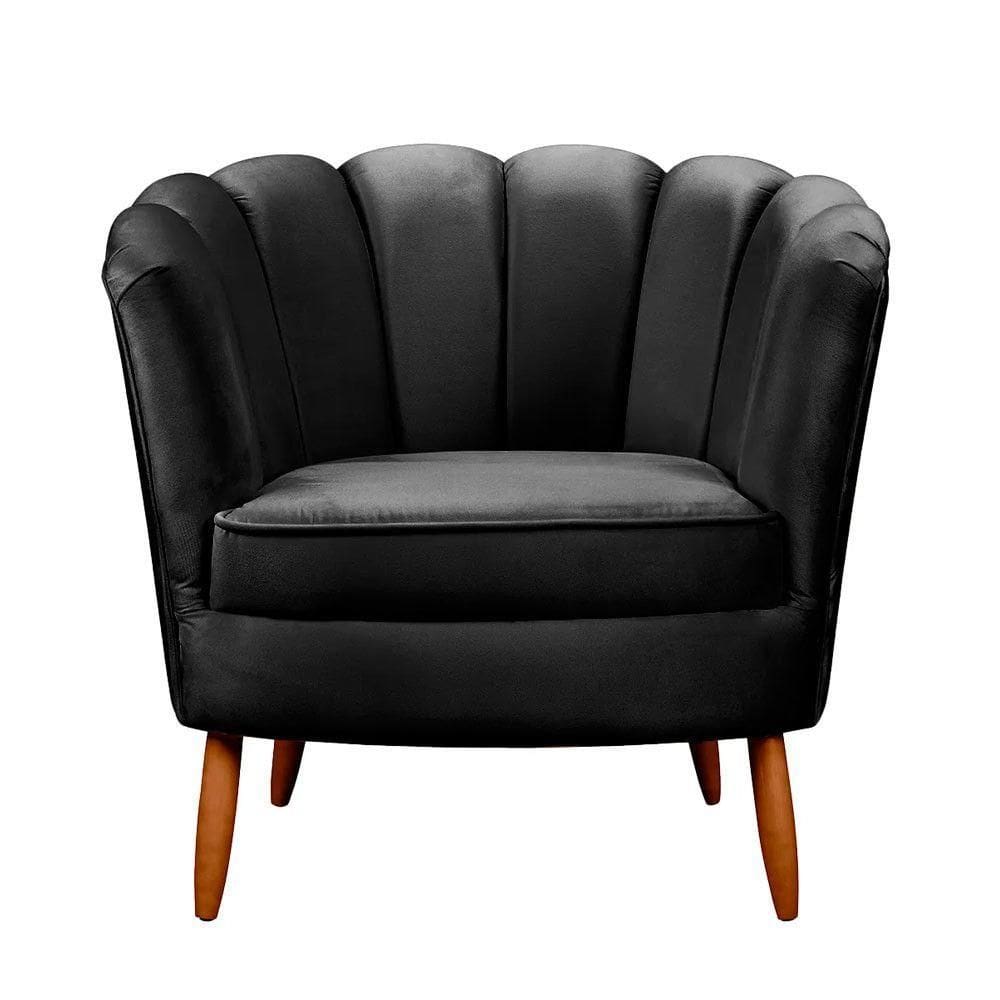 Poltrona Ariel Petala Decorativa Pés De Madeira Veludo Preto