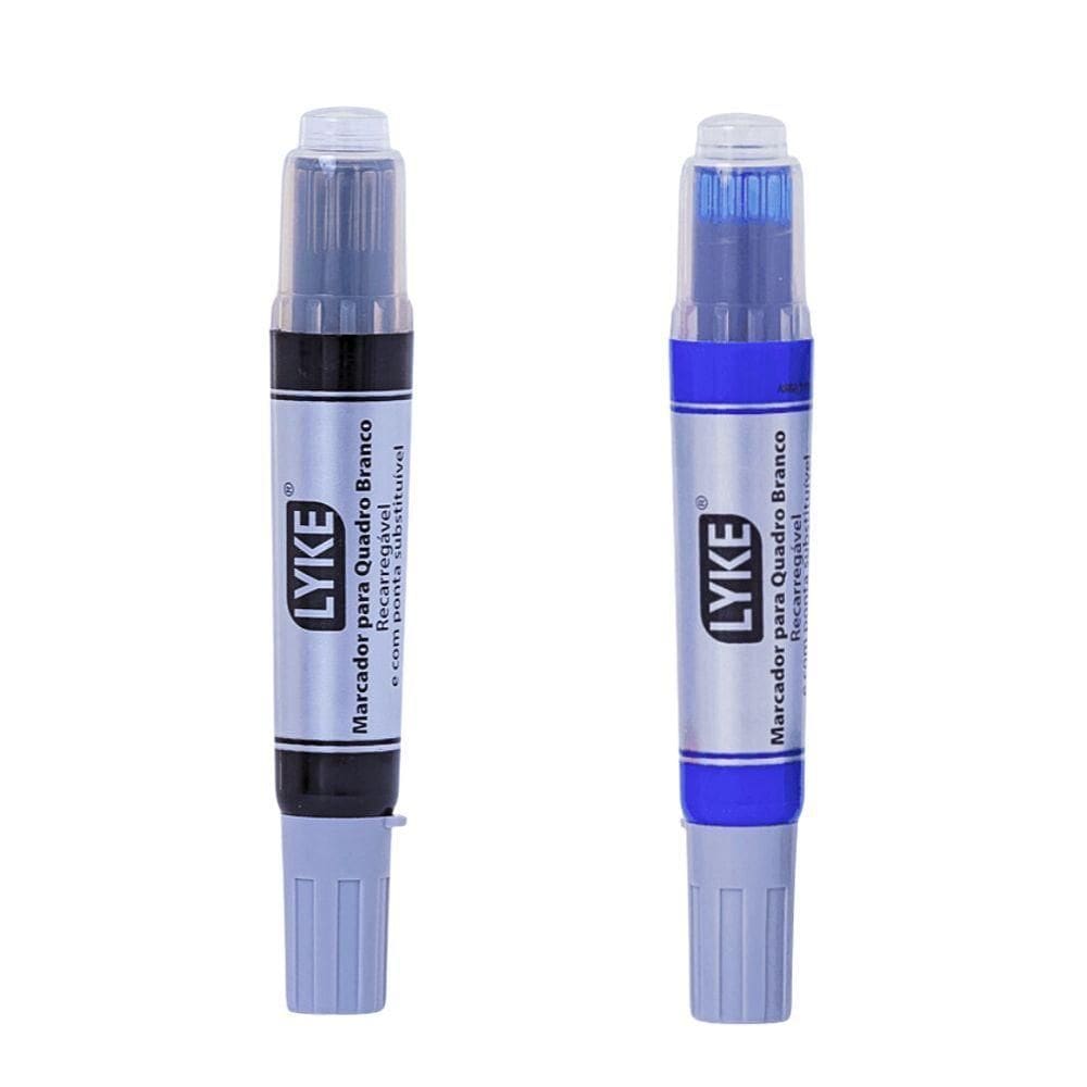 Kit 2 Pincel Marcador Quadro Branco Recarregável Lyke Preto E Azul