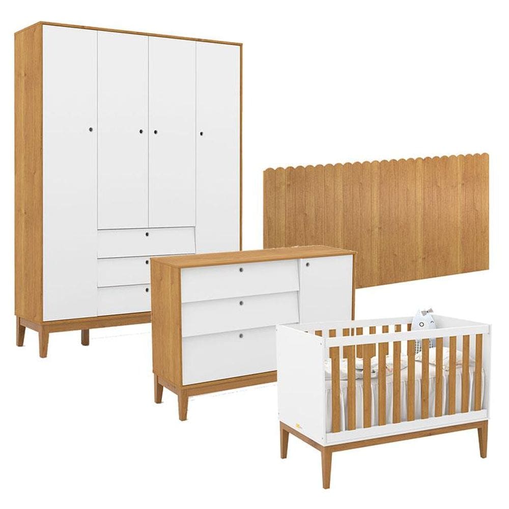 Quarto de Bebê Unique 4 Portas com Cômoda Sapateira e Painel Farm Branco Soft Freijó Eco Wood - Matic