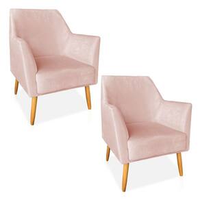 Kit 02 Poltronas Decorativa Julia Veludo Rosa Bebê Pés Palito Castanho