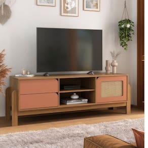 Rack Sala Tv 65 Nature C/ Gavetas Prateleiras E Porta Carvalho/ Terracota/ Palha