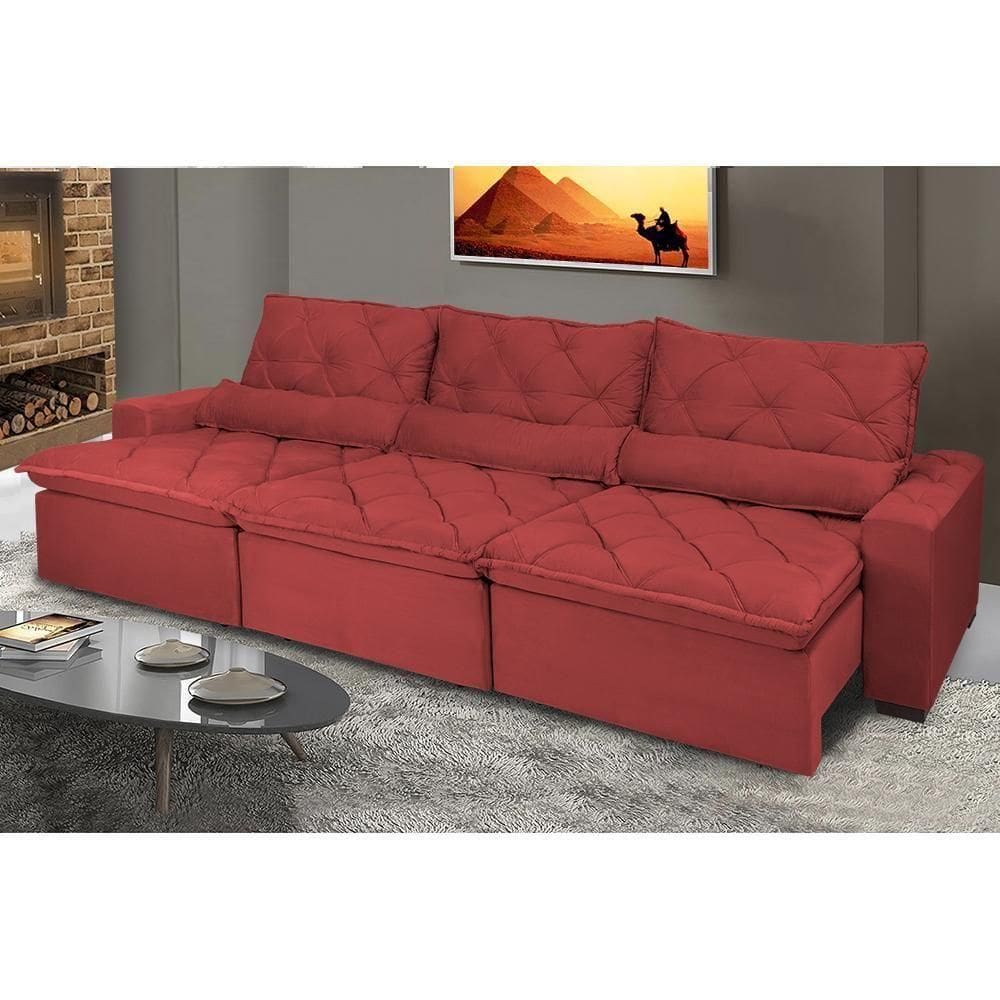 Sofá Lisboa 3,82m Retrátil, Reclinável, Molas No Assento E Almofadas Lombar Tecido Suede Vermelho