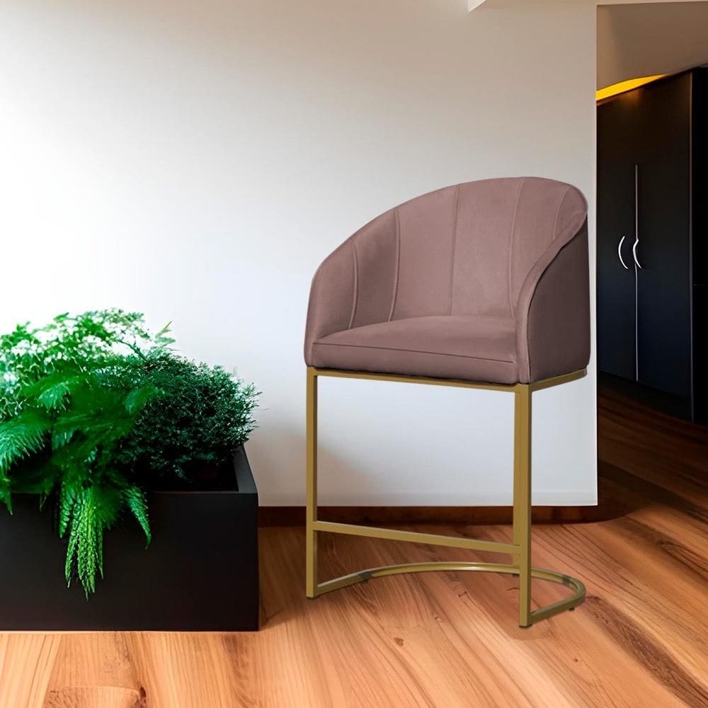 Poltrona Banqueta Decorativa Base Metal Mia Veludo Rose - LM DECOR