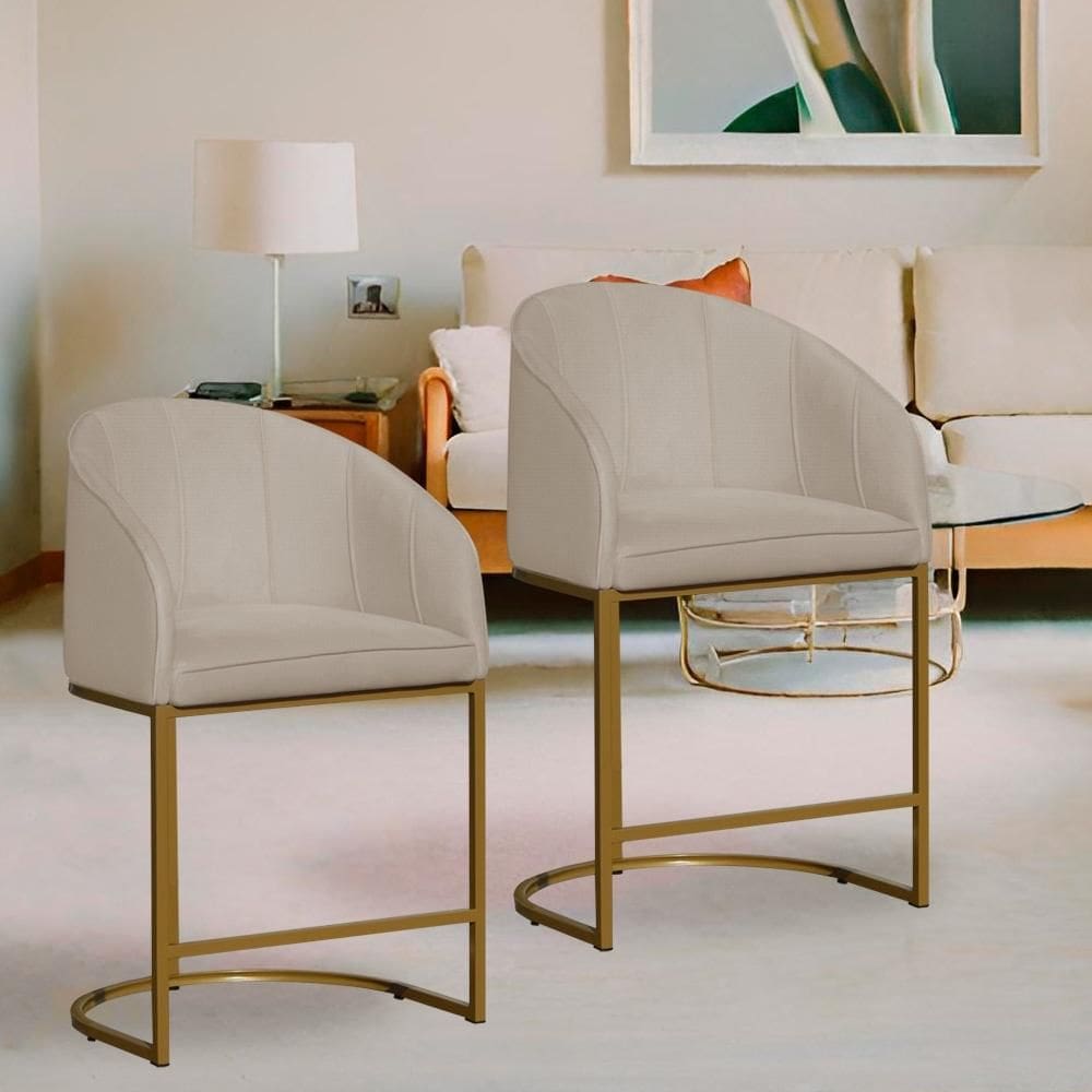 Kit 2 Poltronas Banqueta Decorativa Base Metal Mia Suede Bege - LM DECOR
