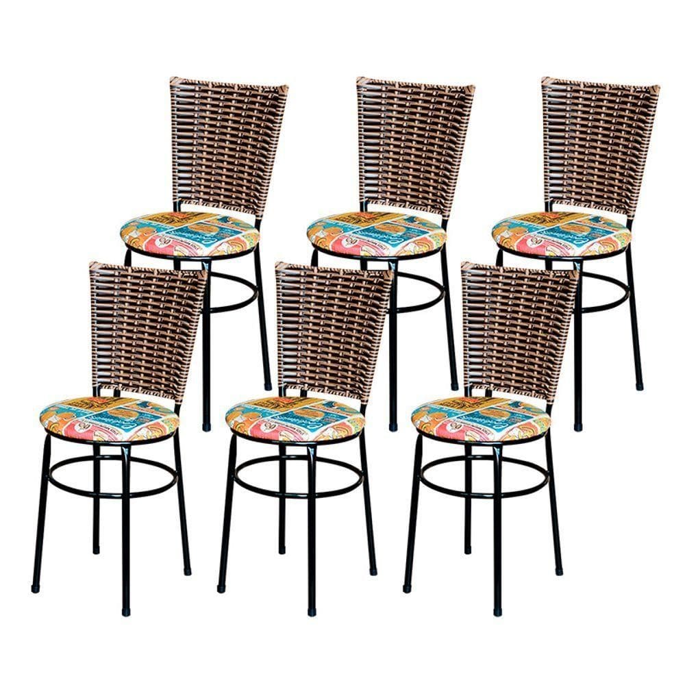 6 Cadeiras Para Mesa Preta Hawai Avelã Assento Floral Cor:happy Hour