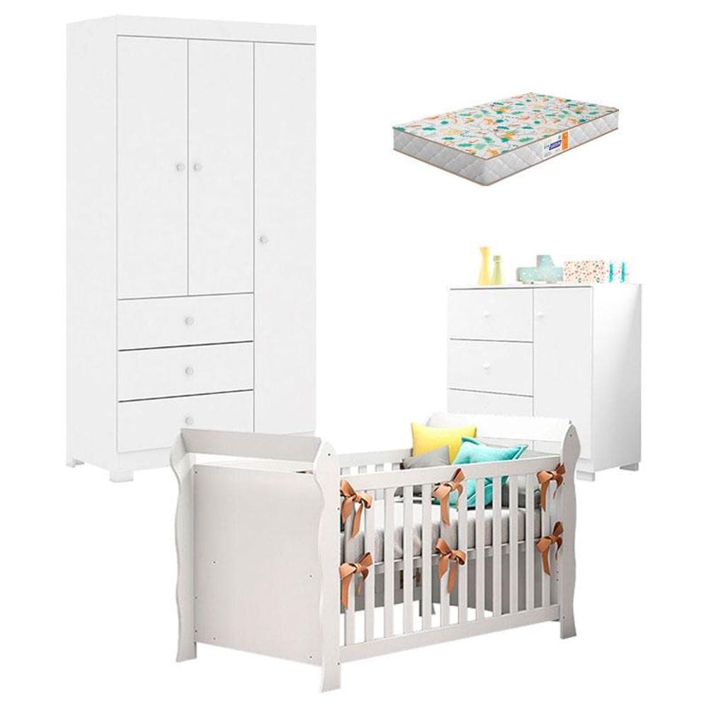 Quarto de Bebê Duda 3 Portas e Berço Americano Lara Branco Brilho com Colchão Gazin – Phoenix Baby