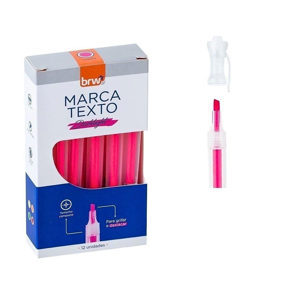 5 Caixas Marca Texto Fluorescente Transparente 12 Unidades Brw Rosa