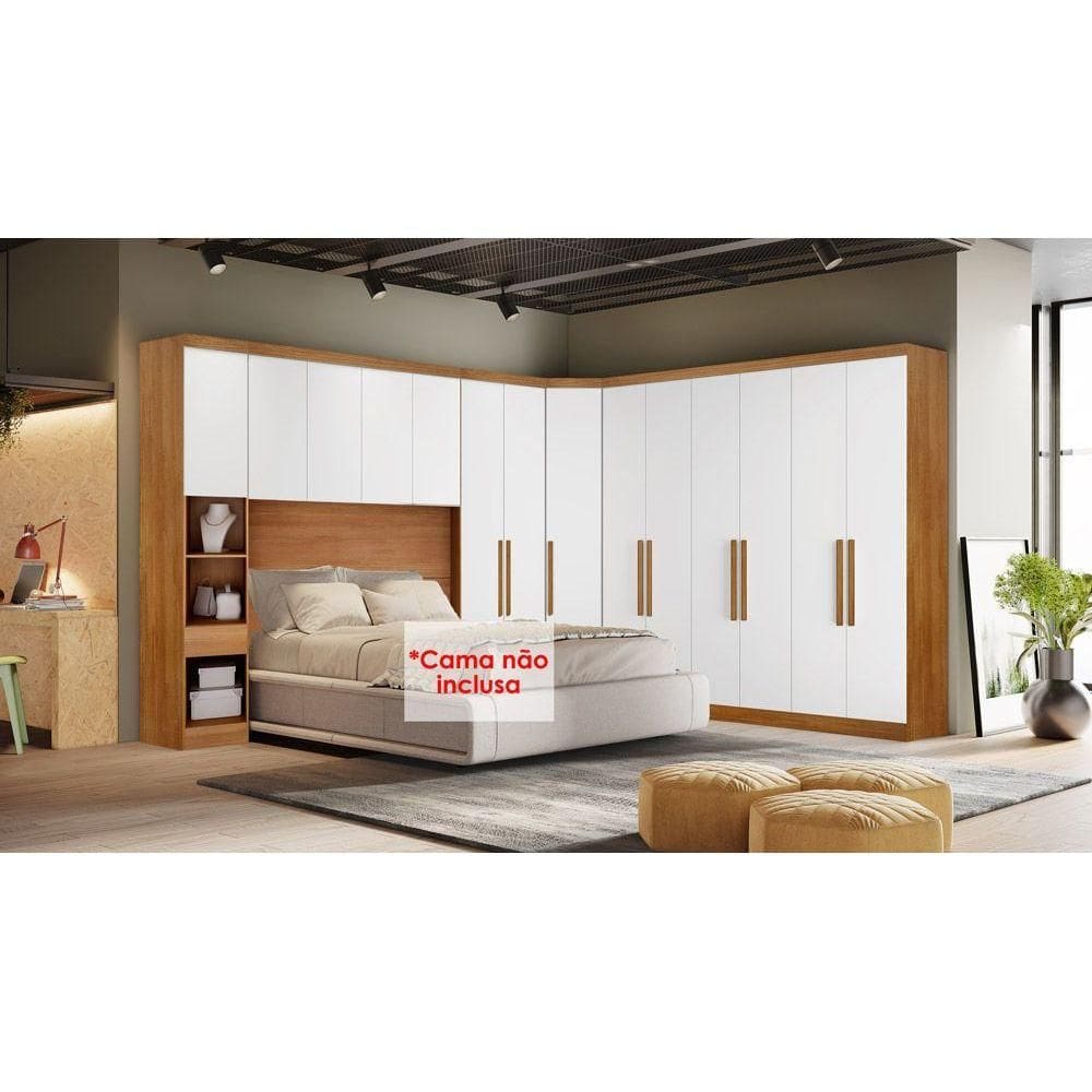 Quarto Casal Modulado Rizon 5 Peças (1 Armário Ponte + 1 Closet + 2 Guarda Roupas + 1 Complemento) QC201 Freijo Cumaru c/ Fendi - Novo Horizonte