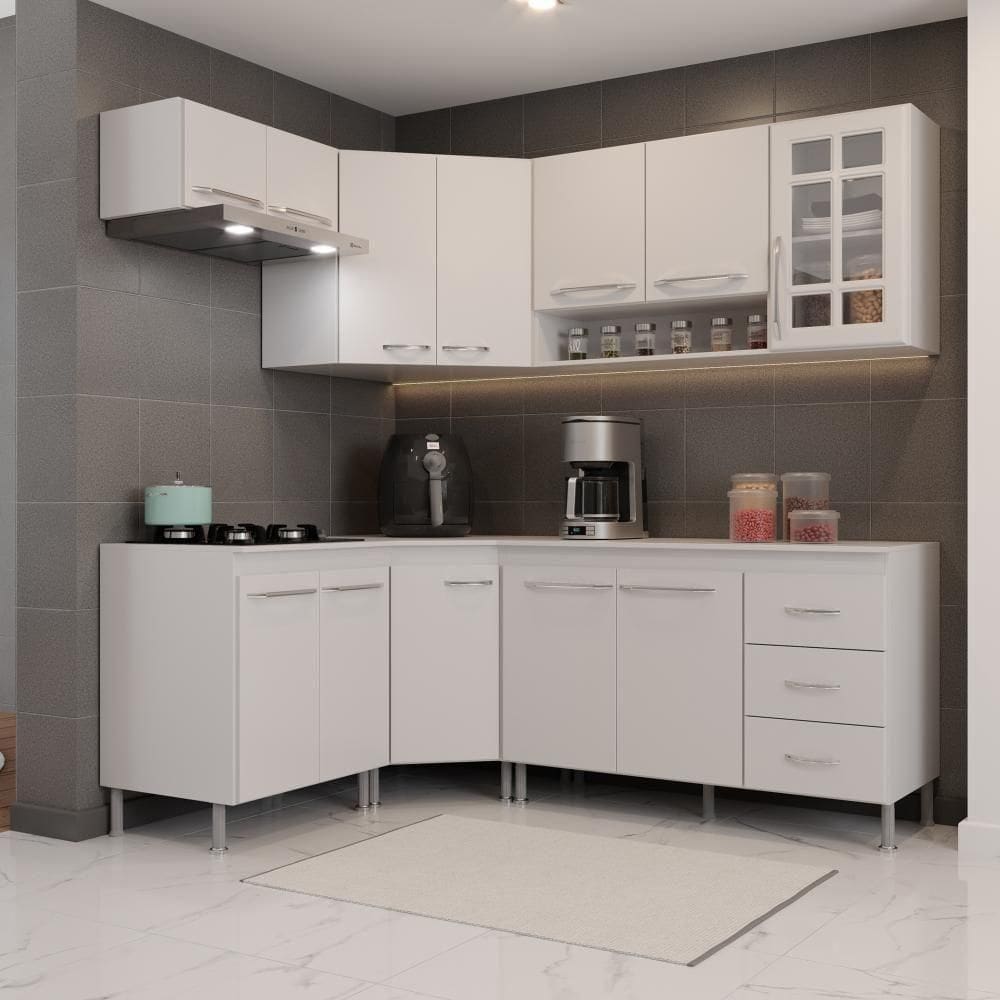 Cozinha Modulada Completa Fidelitá Viena 6 Peças 340cm 12 Portas 3 Gavetas Com Tampo Branco