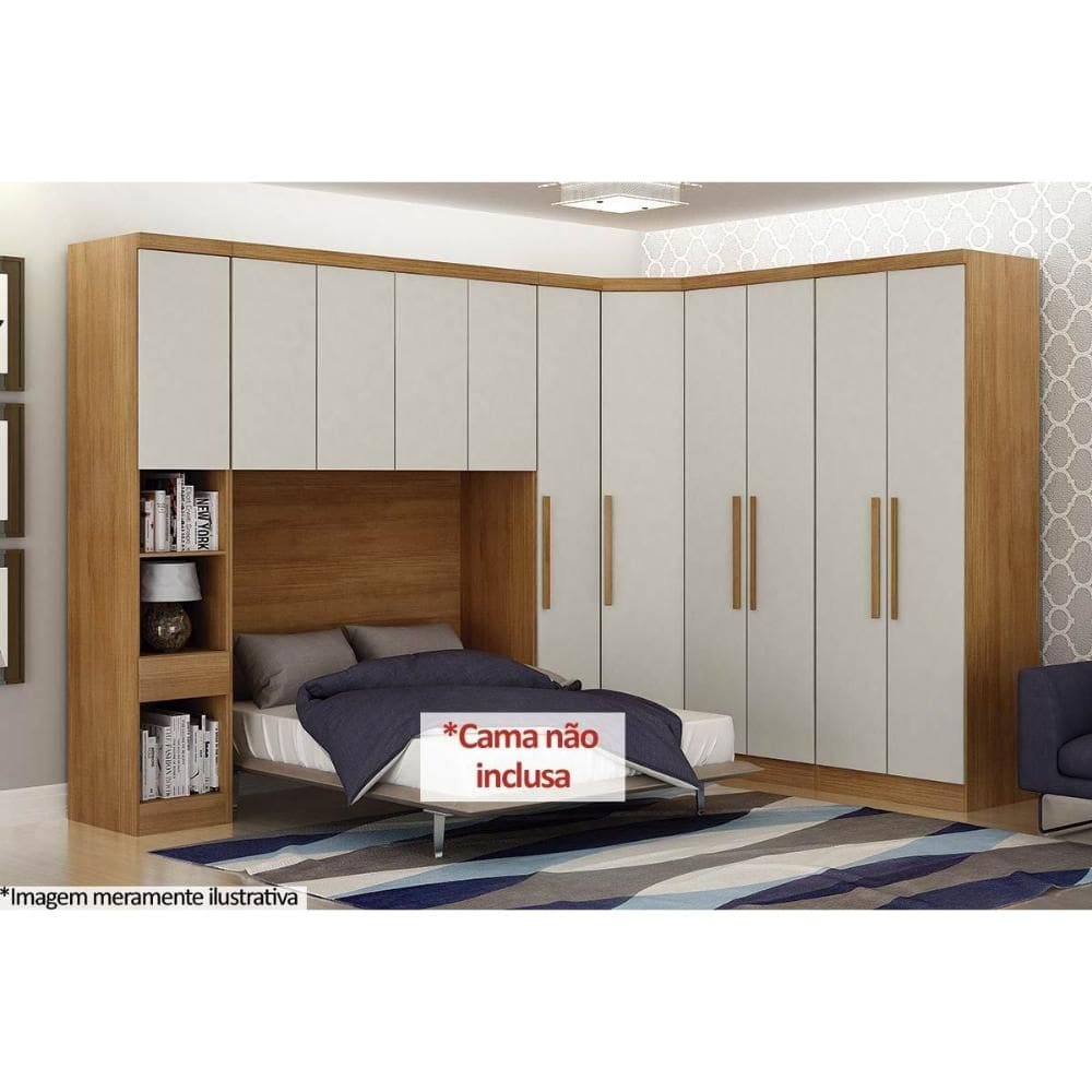 Quarto Casal Modulado Rizon 5 Peças (1 Armário Ponte + 1 Closet + 2 Guarda Roupas + 1 Complemento) QCM03 Freijo Cumaru c/ Fendi - Novo Horizonte
