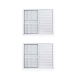 Kit com 2 Janelas de Alumínio Veneziana 100x150cm 3 Folhas 1 Fixa com Grade e Vidro Liso Soft Plus Branco