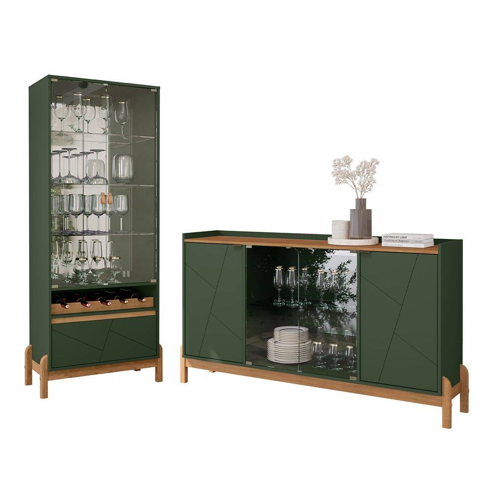 Conjunto Cristaleira e Buffet Bari 06 Portas 01 Gaveta Verde Oliva Cedro Casa D