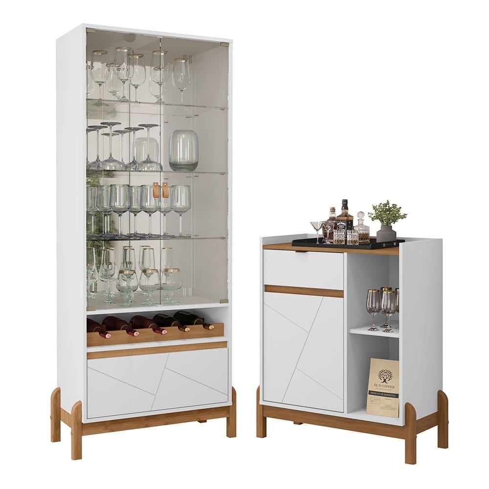 Conjunto Sala de Jantar Cristaleira e Aparador Bari 03 Portas 02 Gavetas Branco Cedro Casa D