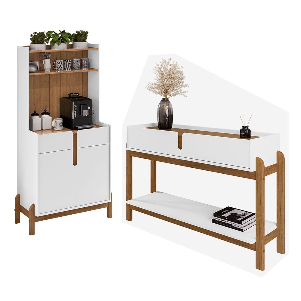 Conjunto Aparador e Cantinho do Café Lizz 02 Portas 04 Gavetas Branco Cedro Casa D