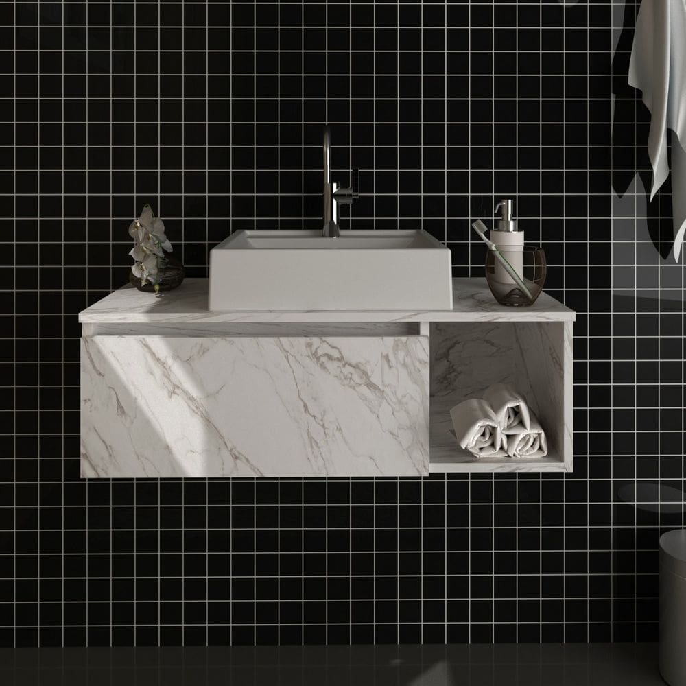 Gabinete Suspenso para Banheiro 80x26cm Mármore Branco Tecno Mobili