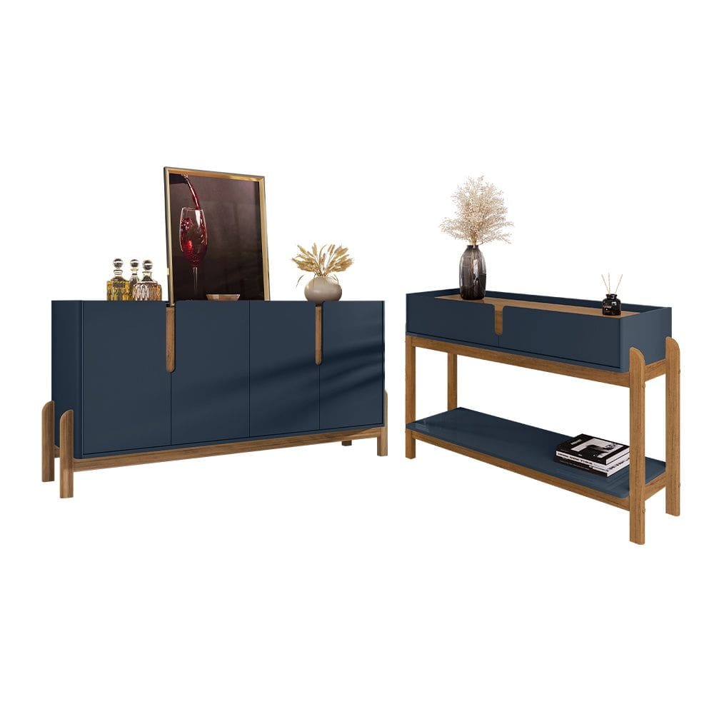 Conjunto Aparador e Buffet 170cm Lizz 04 Portas e 02 Gavetas Azul Cobalto Cedro Casa D