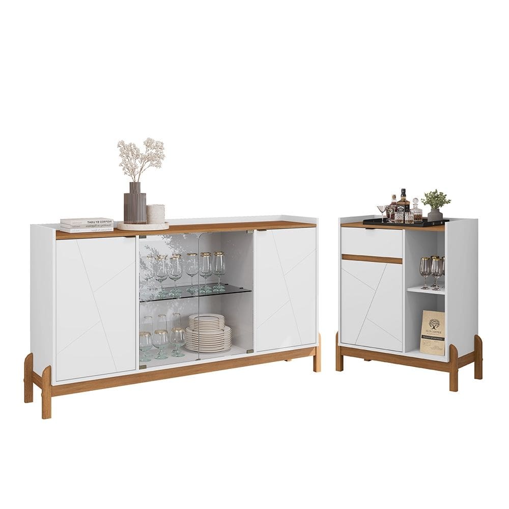 Conjunto Buffet e Aparador Bar Bari 05 Portas 01 Gaveta Branco Cedro Casa D