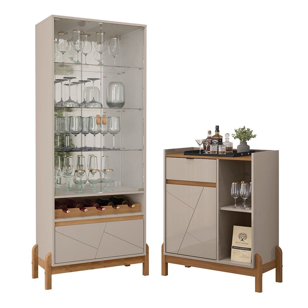 Conjunto Sala de Jantar Cristaleira e Aparador Bari 03 Portas 02 Gavetas Off White Cedro Casa D