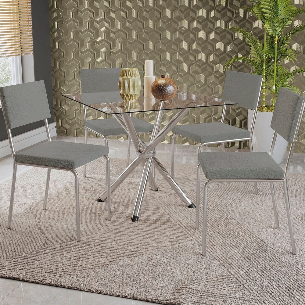 Conjunto Mesa Volga Tampo de Vidro e 4 Cadeiras Zaria Cromado/Cinza