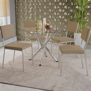 Conjunto Mesa Volga Tampo de Vidro e 4 Cadeiras Zaria Cromado/Bege