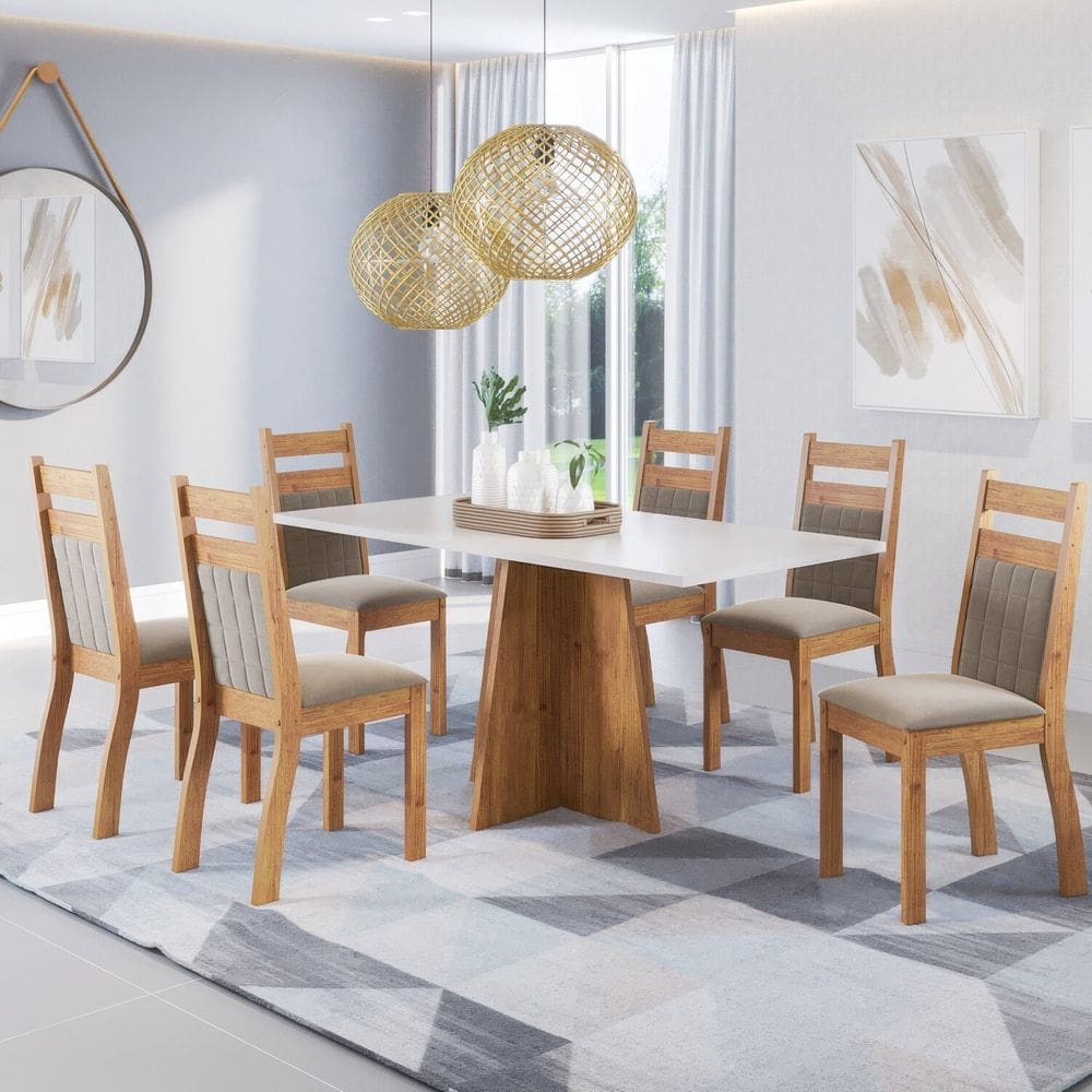 Mesa de Jantar Retangular Griss 1,60x80 com 6 Cadeiras Sicilia Mel/ Blonde/ Perola
