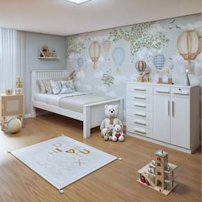 Quarto Infantil com Cama Solteiro Athenas e Cômoda 8 Gavetas 2 Portas Toronto Branco