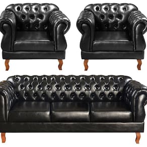 Conjunto Sofá Duquesa Chesterfield 3 Lugares + 2 Poltronas Preto