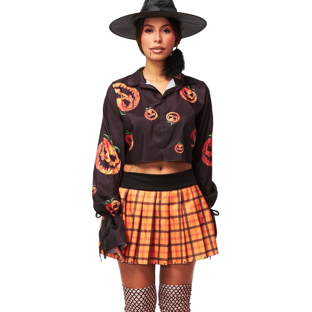 Fantasia Halloween Feminina Bruxa Fiona Camisa Croped e Saia