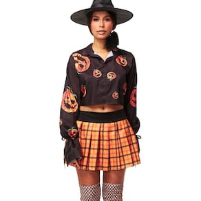 Fantasia Halloween Feminina Bruxa Fiona Camisa Croped e Saia