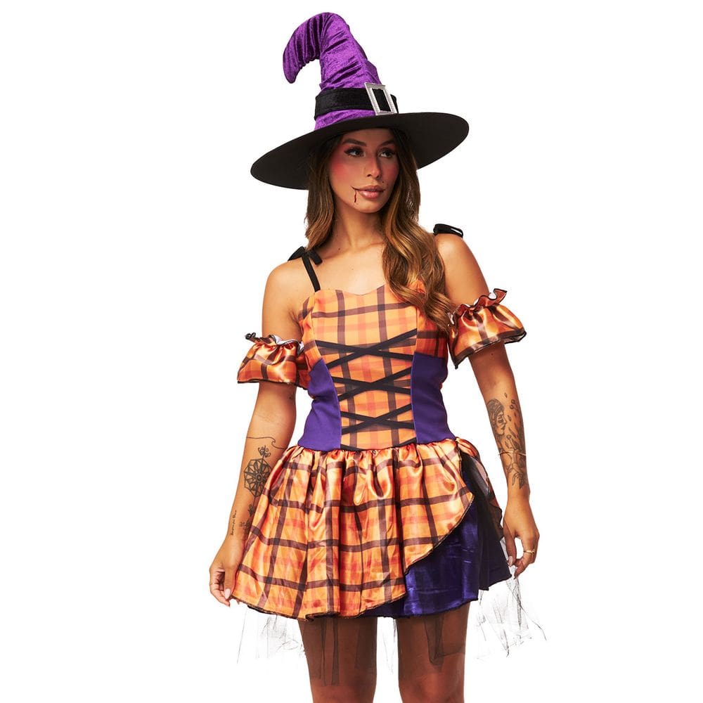 Fantasia Halloween Bruxa Vestido Feminino Curto Laranja Luxo