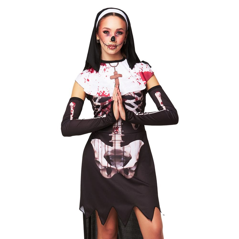 Fantasia Halloween Freira Noviça do Mal Vestido Véu e Luvas