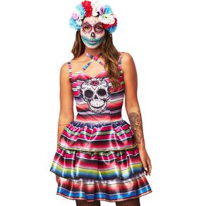 Fantasia Halloween Caveira Mexicana Vestido Feminino Curto