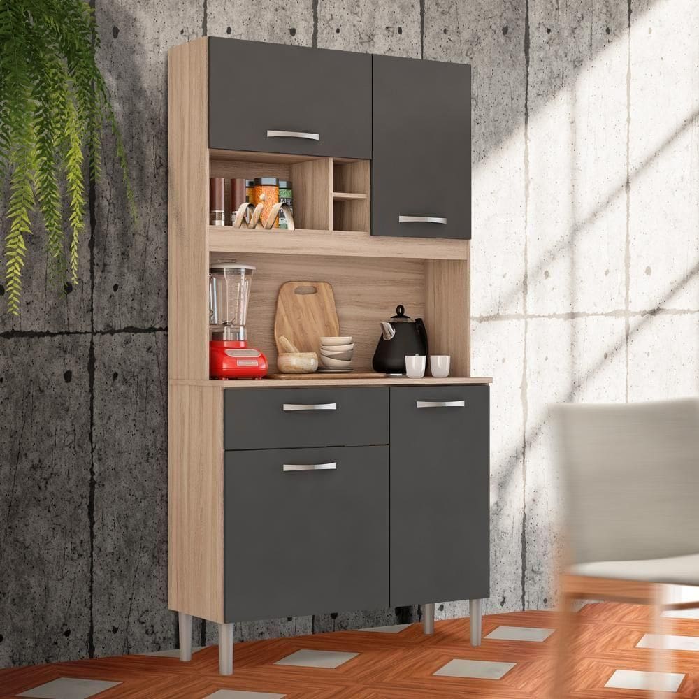 Armário Para Cozinha Pequena 4 Portas 1 Gaveta 91 Cm Avena Grafite Shaera Jm Móveis