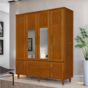 Guarda Roupa em Madeira Maciça 4 Portas 2 Portas com Espelho Imperatriz Castanho
