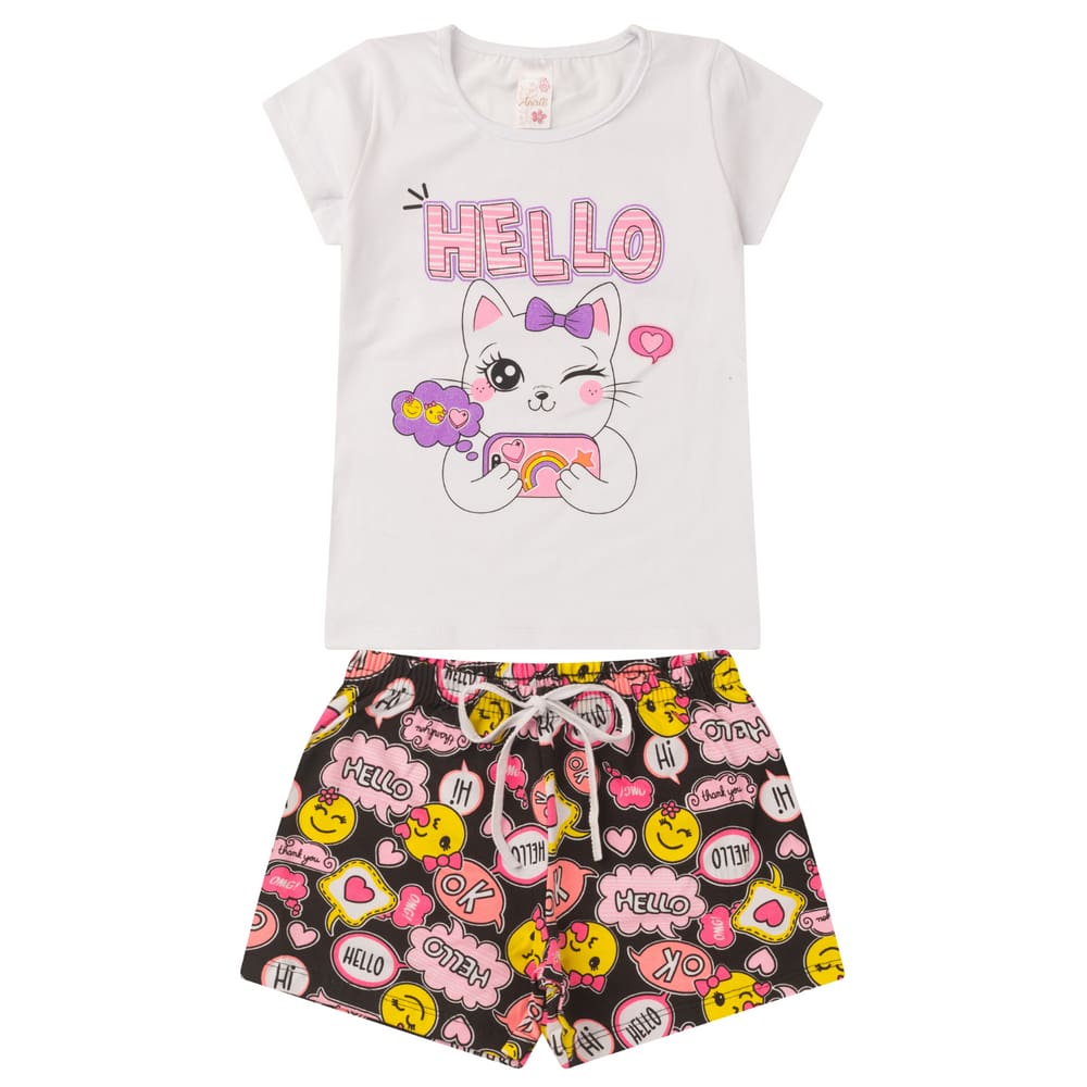 Conjunto Infantil Menina Verão Blusa Manga e Shorts com Elástico em Cotton