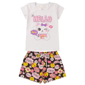 Conjunto Infantil Menina Verão Blusa Manga e Shorts com Elástico em Cotton