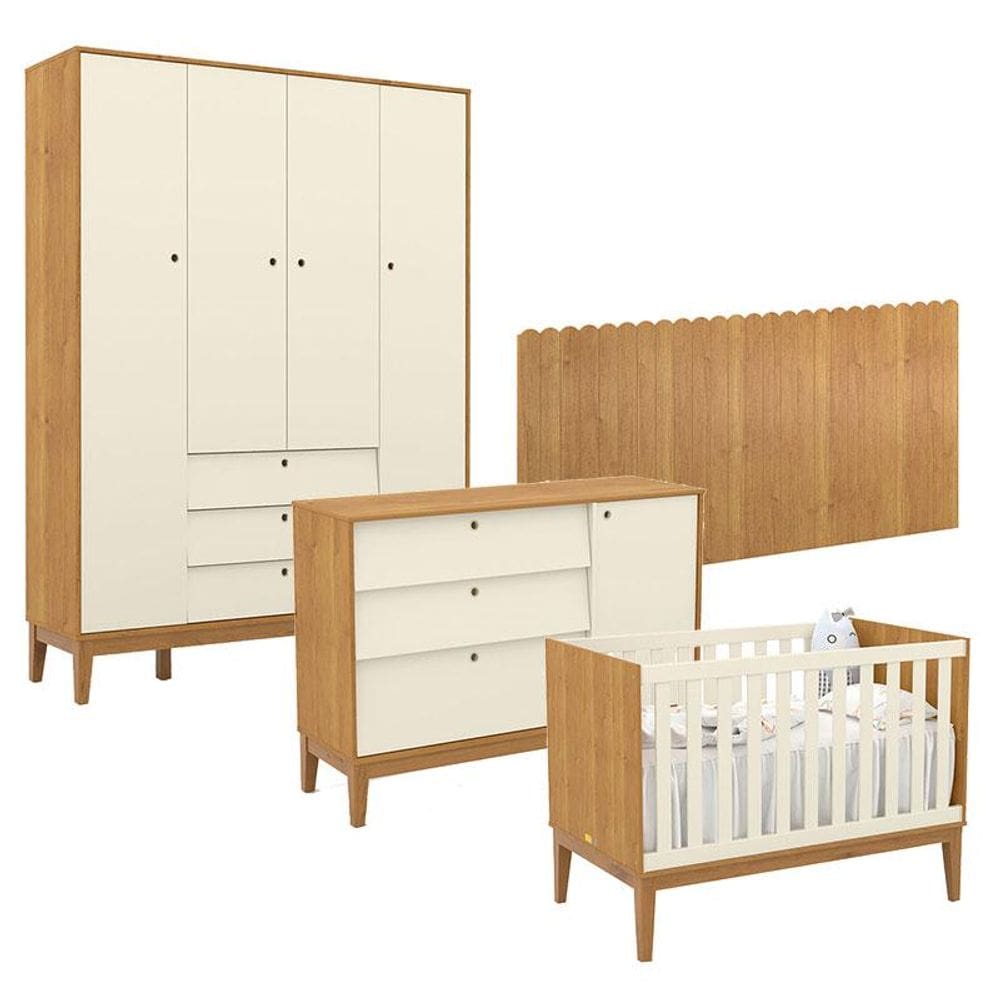 Quarto de Bebê Unique 4 Portas com Cômoda Sapateira e Painel Farm Freijó Off White Eco Wood - Matic