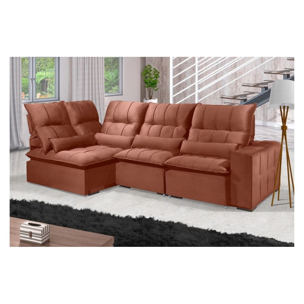 Sofá Retrátil Reclinável ELLOA DE CANTO COM CHAISE 3.25 x 1.80m ESTILO ESTOFADOS - França Velusoft COR "TERRACOTA"